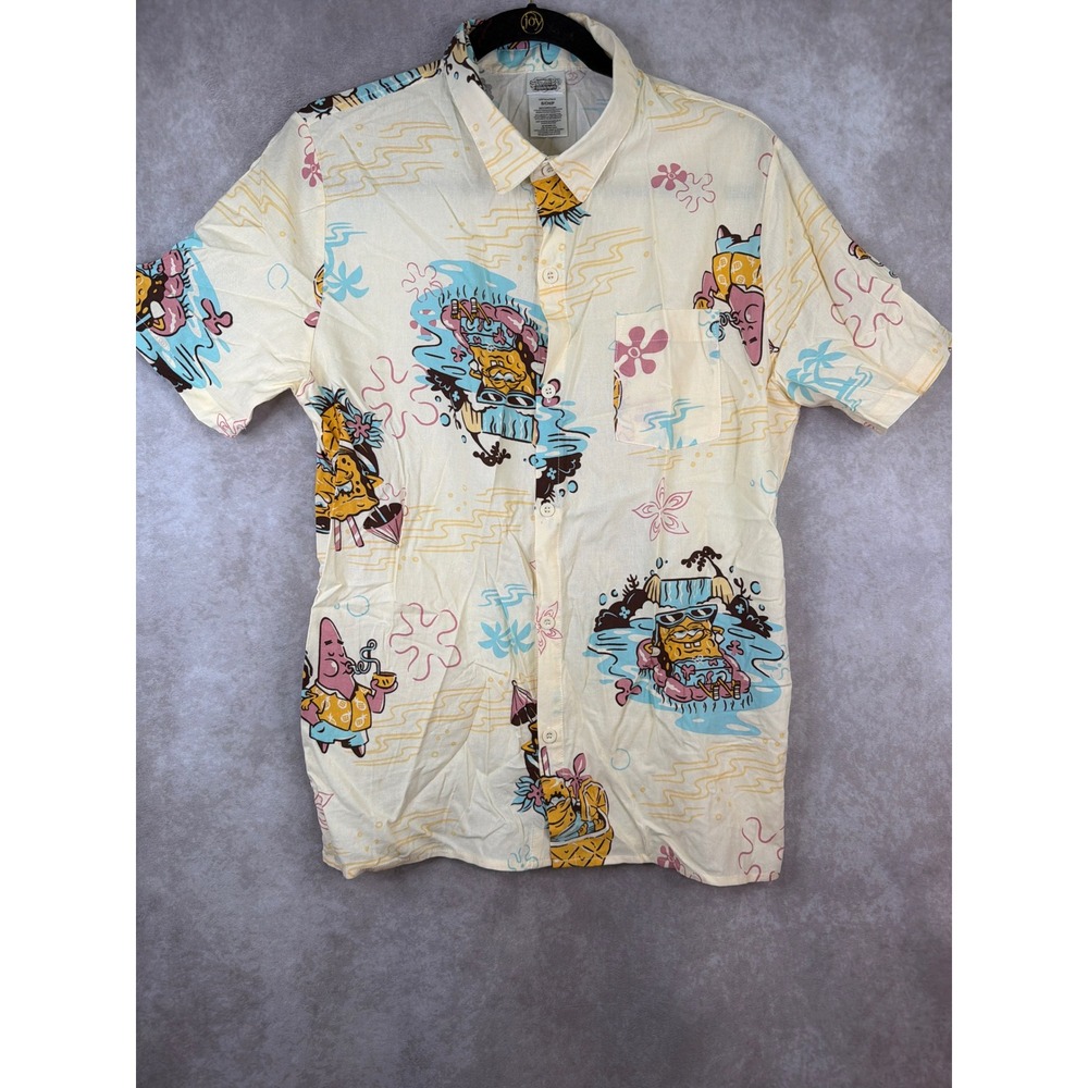Nickelodeon SpongeBob SquarePants Button Down Shirt Small Cream Tropical Print